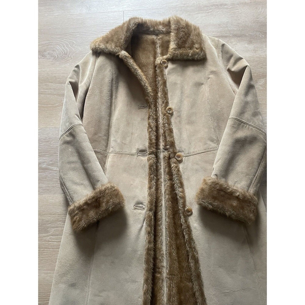 Penny Lane Coat Tan S Genuine Leather Suede Faux Fur Afghan Button Down Hippie‎